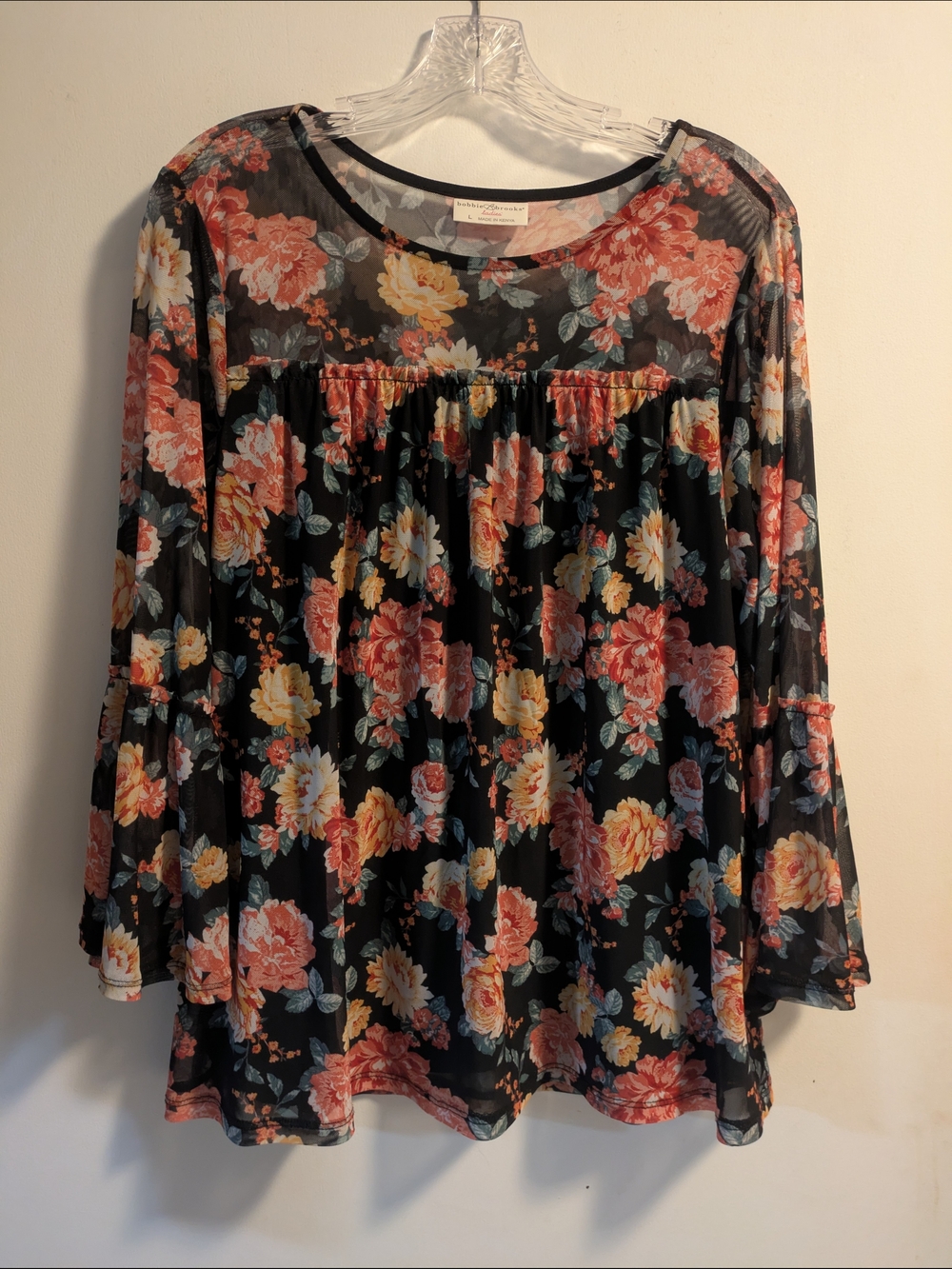 Bobbie Brooks Black Sheer Floral Tunic with Coral & Yellow Flowers